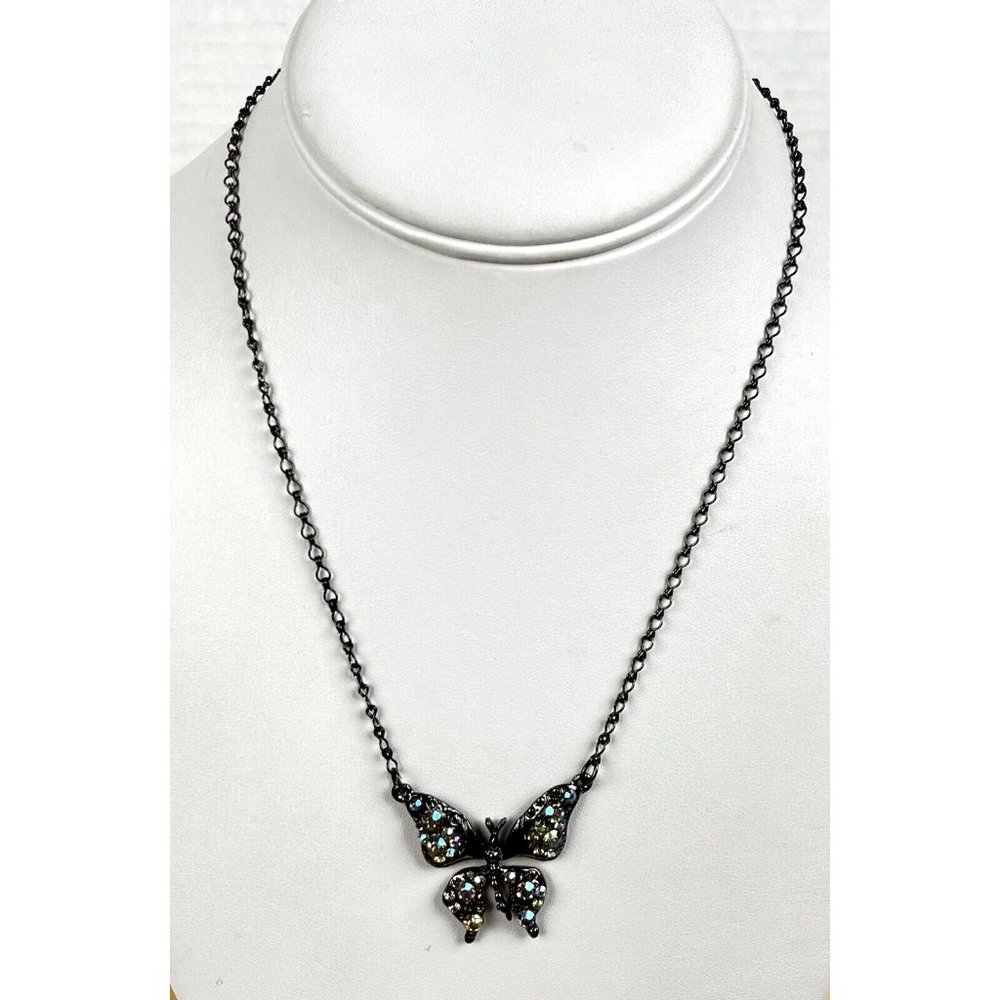 Yochi NY Gun Metal Rhinestone Butterfly Necklace Hook Clasp 18"